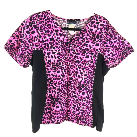 Cherokee Women's Scrub Top Size Large Pink Black Leopard Print - Picture 1 of 6